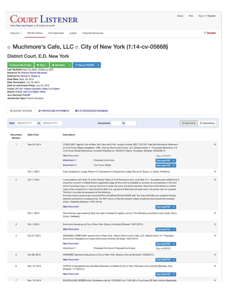 Muchmore's Cafe, LLC v. City of New York 2014 Docket
